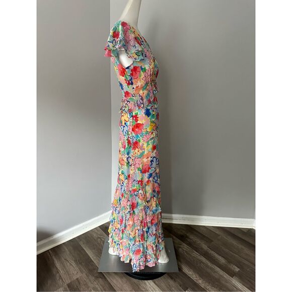 NWT Rixo Floral Flutter Cap Sleeve Thanvi Tiered Silk Maxi Dress Multicolor XXS - Picture 9 of 12